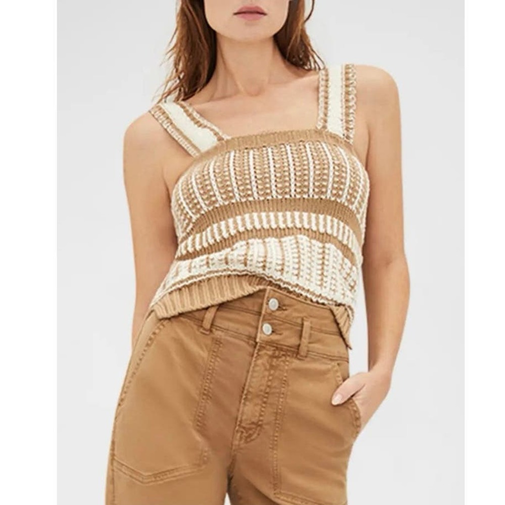Veronica Beard Voya Knit Tank Top Sleeveless Khaki/White Size L NWT